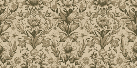Elegant floral wallpaper design in earthy tones, showcasing intricate botanical patterns.