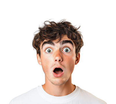 Surprised young man portrait neutral emotions. Isolated on transparent background, png.