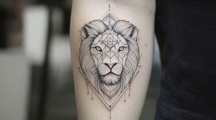 Geometric lion face tattoo on arm urban environment body art close-up unique design for tattoo enthusiasts