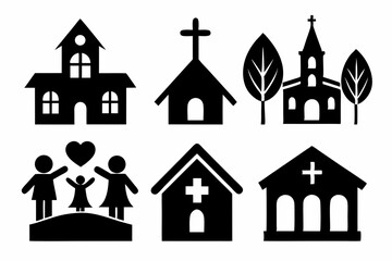 christian home icon set sihouette black vector