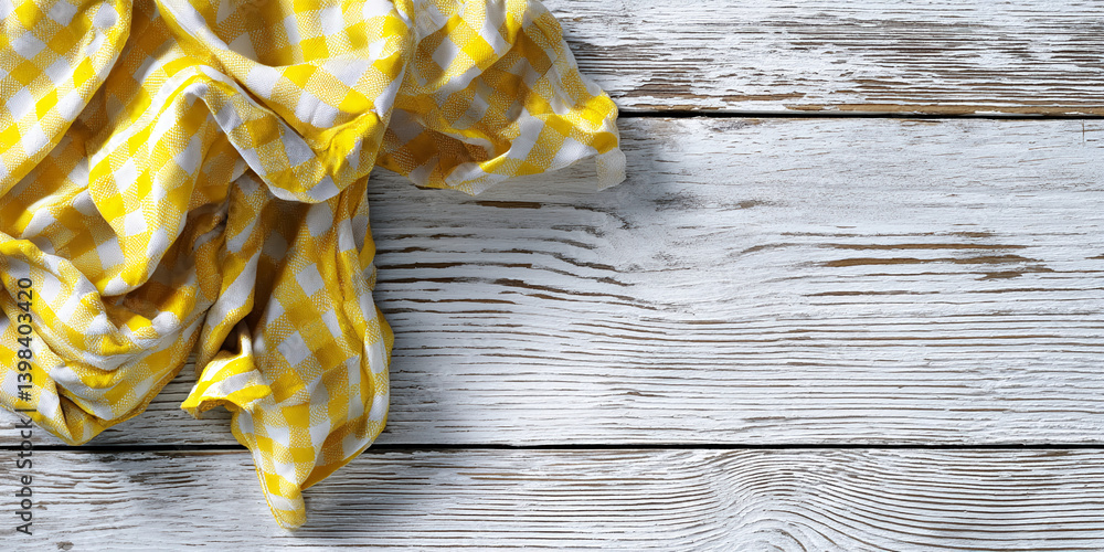 Poster Yellow and white checkered fabric draped on whitewashed wood background, showcasing ample free space for text or product placement.  Simple, clean design ideal for various applications.
