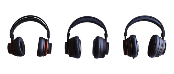 Three different styles of professional over-ear headphones are arranged side-by-side isolated on a plain transparent background for audio.