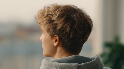 person of any race age or gender is sitting in well-lit room with blurred background showcasing minimalistic style