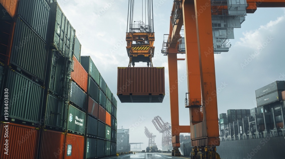 Poster container loading operations at port terminal business environment industrial activity aerial view s