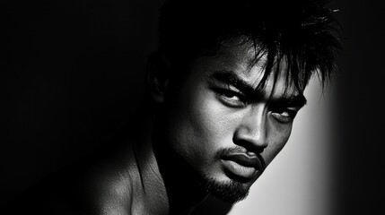 A striking black and white portrait of a stern man