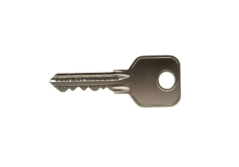 A shiny silver key floating horizontally in mid-air against a solid white background