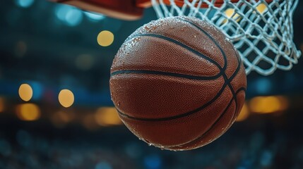 Basketball soaring towards the hoop during an intense game in a packed arena at night