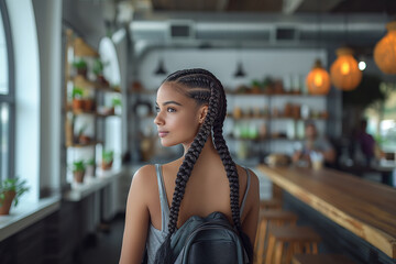 A woman with dreadlocks is standing in a restaurant