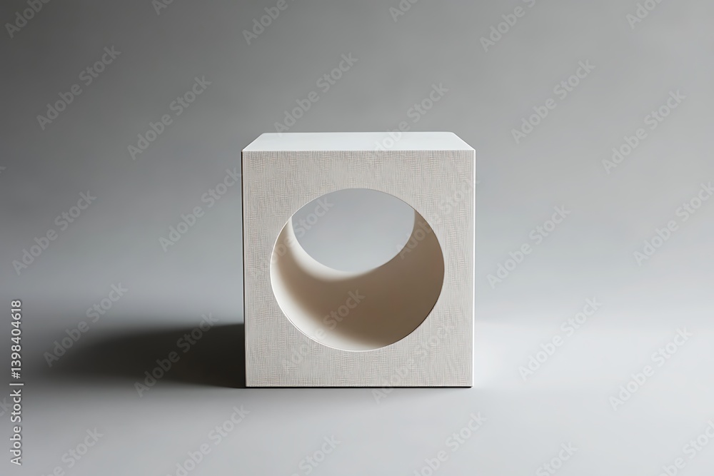 Poster minimalist cube with circular opening on soft gray background neutral tones