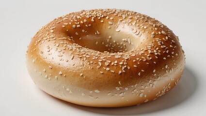 Sesame bagel sits on white plain surface. Round bread has golden crust and tan seeds sprinkled across top, facing forward with light shadows.