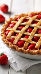 A lattice crust strawberry pie on a white plate with a linen cloth and loose strawberries.