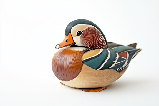 Colorful mandarin duck figurine in serene posture against clean white background capturing the essence of elegance and grace - Powered by Adobe