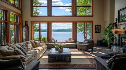 Fototapeta premium A spacious interior living room with lake view and natural light