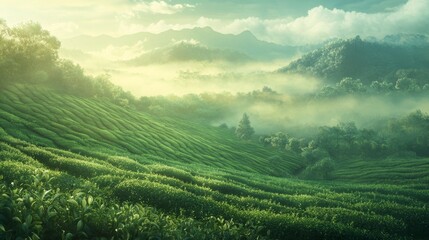 Naklejka premium Tranquil tea plantation scenic landscape mountains nature photography morning mist serene atmosphere