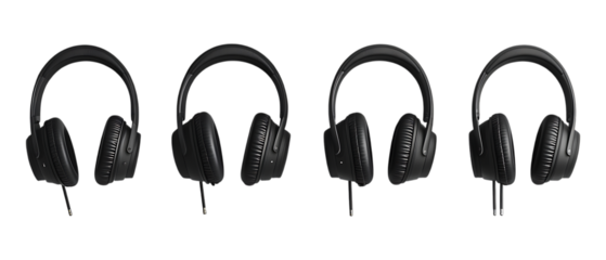 Four black over-ear wired headphones shown from different angles illustrating audio equipment options isolated against a stark white.