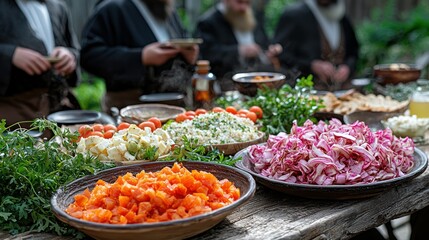 Obraz premium A Rustic Feast: Abundant Table of Fresh Salads and Vegetables