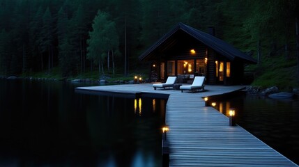 Fototapeta premium Lakefront cabin at dusk