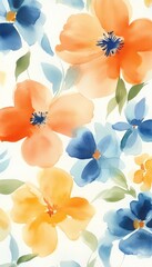 Obraz premium Vibrant watercolor floral background with orange and blue flowers for a calming atmosphere