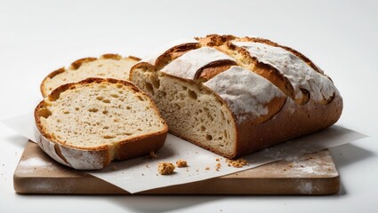 Loaf bread with flour sits on wooden board. Two bread slices are visible, showing internal texture. Baked rustic bread presentation.