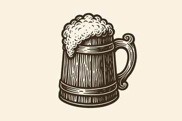 Foamy beer mug in bold vintage engraving style