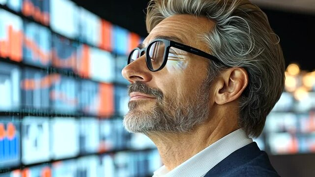 Man analyzes data, office wall, charts, pensive