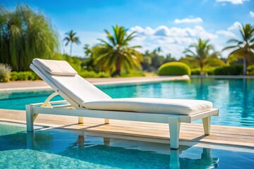 Fototapeta premium Close-up of a turquoise lounger on the pool deck with the bright turquoise pool water in the background on a sunny summer day
