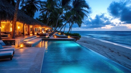 Fototapeta premium Luxurious Beachfront Villa with Infinity Pool at Dusk