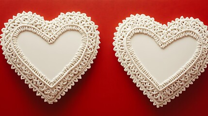 Two intricate heart shaped designs against a vibrant red background
