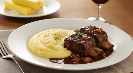 Tender Beef Short Ribs Braised in Red Wine Served with Creamy Polenta