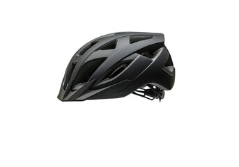 A black bicycle helmet floating horizontally in mid-air against a solid white background