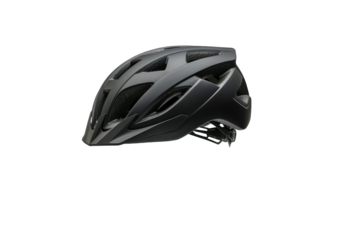 A black bicycle helmet floating horizontally in mid-air against a solid white background