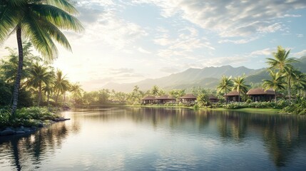 Obraz premium Tropical Lakeside Cabanas Nestled Among Lush Palm Trees