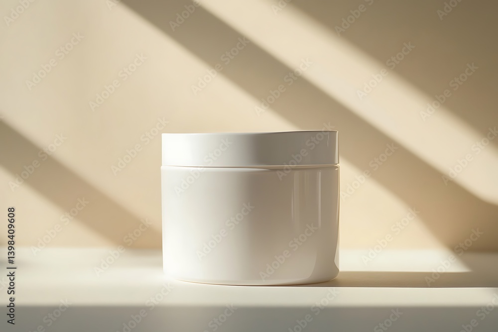 Poster minimalist white jar with lid on beige background and window light patterns