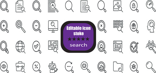 Search stroke line icon set. Containing magnifying glass, find, research, SEO and investigate icons