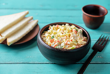Imitatiom crab meat mayonnaise salad in a bowl