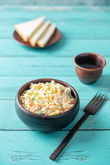 Imitatiom crab meat mayonnaise salad in a bowl