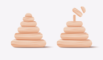 Toy pyramid isolated. Stacking wooden rings. Educational tower toy for toddlers. Entertainment for children. Vector illustration. Realistic wood texture. Flat style design. Simple icon.