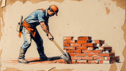 Illustration of bricklayer at work with shovel. Man wearing blue shirt, orange sash, hard hat and boots building red brick wall. Sketch style on aged paper.
