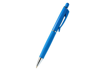 A blue ballpoint pen floating horizontally in mid-air against a solid white background