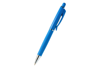 A blue ballpoint pen floating horizontally in mid-air against a solid white background