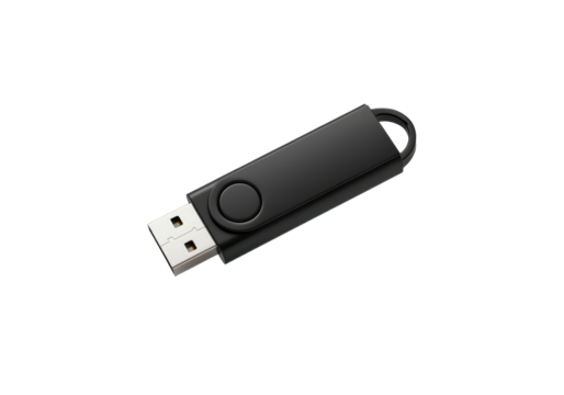 A black USB flash drive floating horizontally in mid-air against a solid white background
