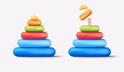 Toy pyramid isolated. Stacking wooden or plastic rings. Educational tower toy for toddlers. Entertainment for children. Vector illustration. Bright colors. Rainbow. 3d design. Simple icon.