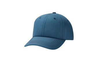 Fototapeta premium A blue baseball cap floating horizontally in mid-air against a solid white background, no shadow.
