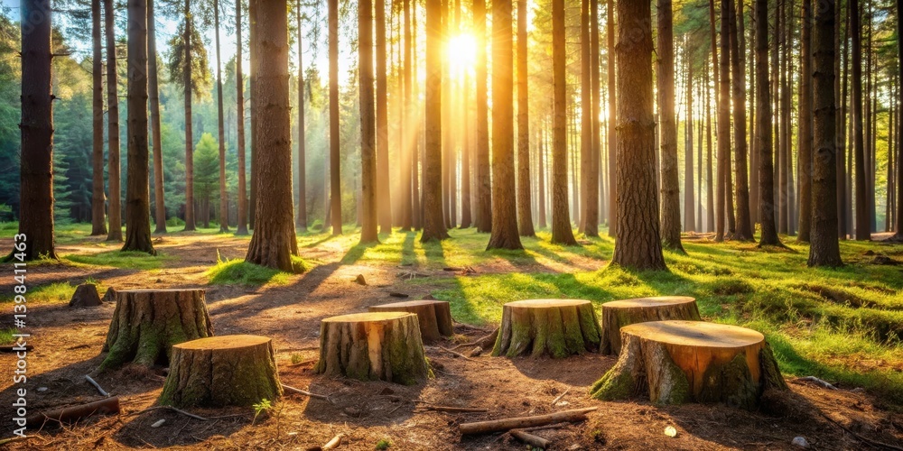 Poster golden sunlight filtering through a forest of tall trees, illuminating tree stumps on the forest flo