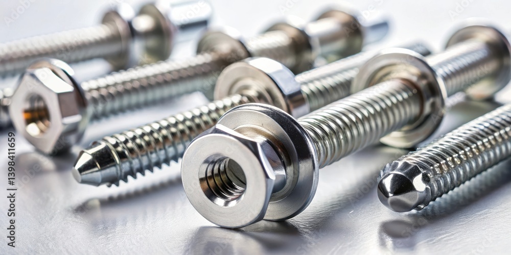 Poster close-up view of shiny metallic fasteners with threaded shafts and hexagonal nuts