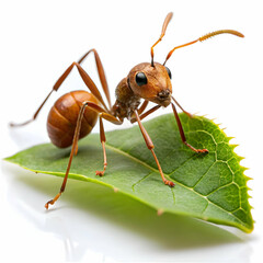 Red Ant on Green Leaf isolated on white