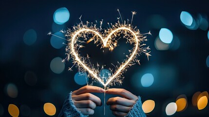 Sparkler held in hands forming a heart shape beautifully glowing
