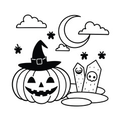 Cute Halloween Scene with Pumpkin and Witch Hat Line Art
