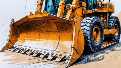 Orange bulldozer sketch. Heavy machinery illustration showing front loader scoop with black tires and cabin. Ink drawing of earthmoving equipment on bright background.
