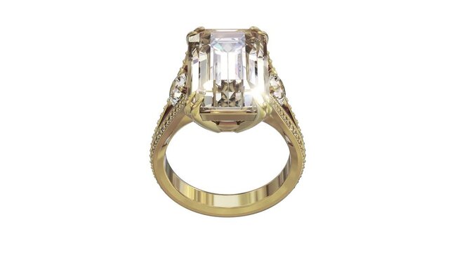 Rotating gold ring with large emerald cut diamond isolated on white. As the ring rotates, the design changes to a finished yellow gold ring, which then changes to a white gold ring. 3d animation loop
